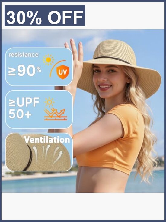 Women UPF 50+ Wide Brim Straw Sun Hat Beach Summer Travel Adjustable Packable main image 5